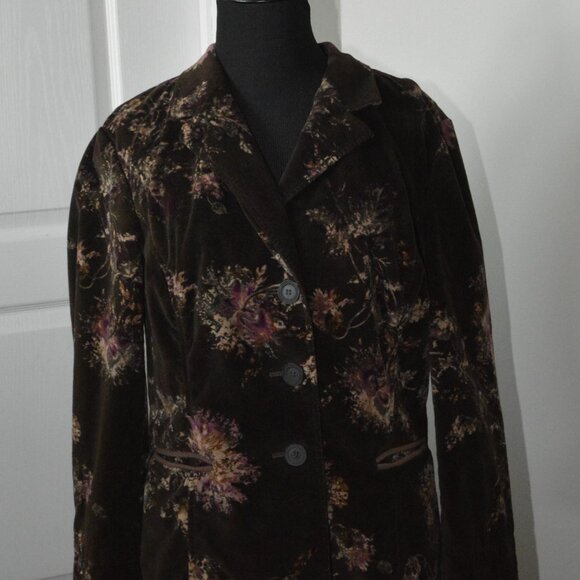 J. Jill Women's MP Blazer Boho Velvet Romantic Floral Stretch Blazer Brown - Picture 2 of 8